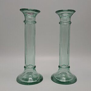 Vintage Recycled Glass Candlestick Holders Pair Made In Spain